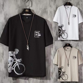 TS MEN เสื้อยืดคอกลมแขนสั้น เสื้อยืดผู้ชาย ลายจักรยาน（สีดำ，สีขาว，กากี )รุ่น 0102