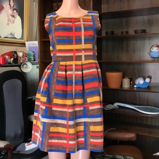 ชุด Dress ลายน้ำตาล ส้ม เหลือง น้ำเงิน