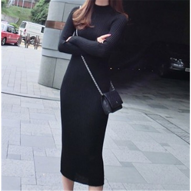 ชุดเดรสยาวคอสูงแบบถักสไตล์เกาหลีสำหรับผู้หญิง