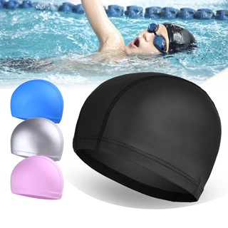 ภาพขนาดย่อของสินค้าหมวกว่ายน้ำ กันน้ำ หมวกว่ายน้ำผู้ใหญ่ PU ผ้าแห้งเร็ว ใช้สำหรับผู้ชายและผู้หญิง
