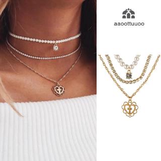 Pearls Chain Cross Heart Pendant Necklace Women Rhinestone Multi Layer Religion Choker Jewerly