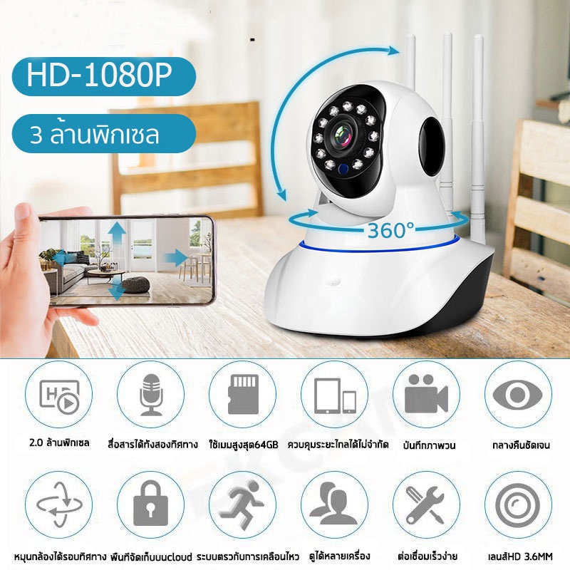 สินค้าขายดี-อัพเกรดใหม่-กล้องวงจรปิดไร้สาย-ip-camera-color-hd-กล้องวงจร-wifi-smart-tracking-alarm-5-เสาอากาศ