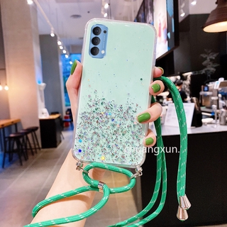 OPPO Reno 5 5Pro Reno 5 5G เคส New Shiny Casing Case Star Silver Foil Sequins Lanyard Backpack Transparent Phone Case Cover เคสโทรศัพท