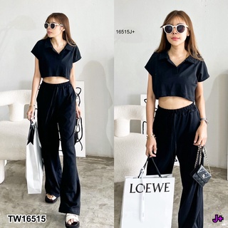 TW16515  Crob Set เซทเสื้อครอปคอปกแขนล้ำ แต่งกระดุม 1 เม็ดช่วงอก มาพร้อมกางเกงขายาว (เชือกหลอก) มีกระเป๋าล้วงข้าง 2 ข้าง