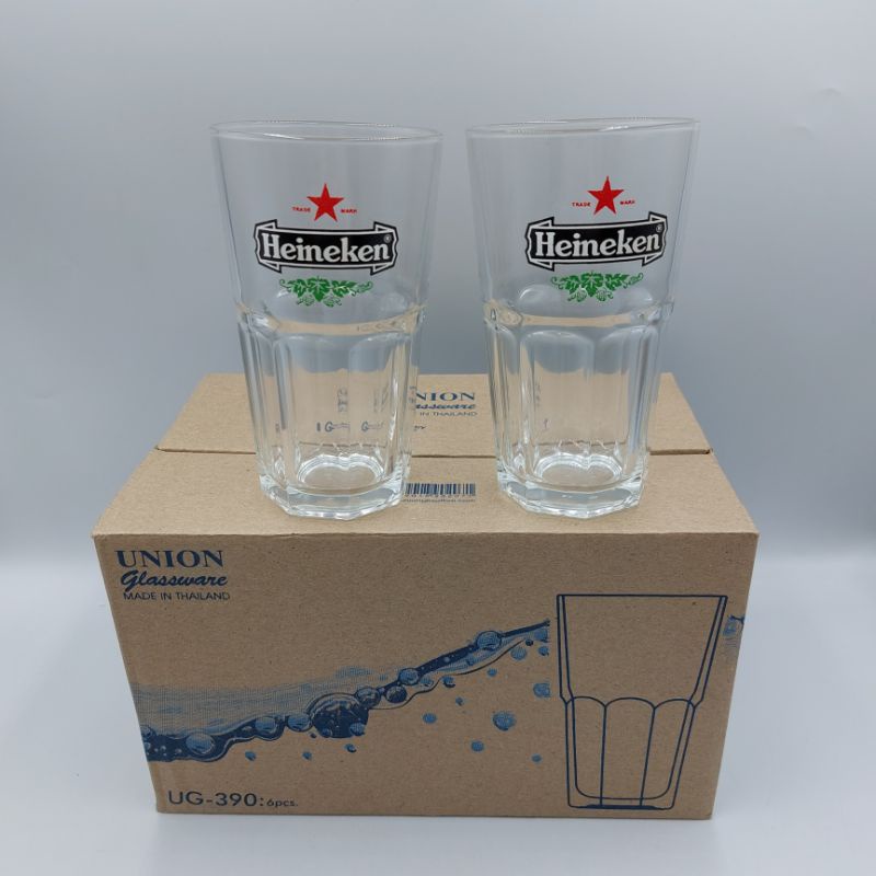 กล่อง6ใบ-แก้วเบียร์-ใส-น้ำดื่ม-พิมพ์ลายไฮเนเก้น-union-ug-390