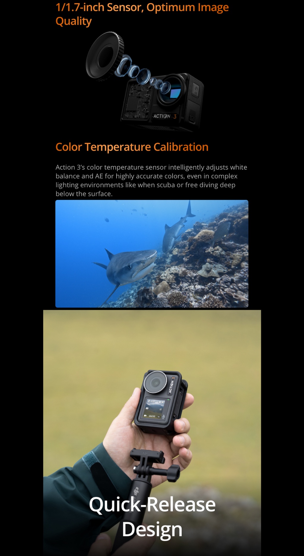 คำอธิบายเพิ่มเติมเกี่ยวกับ DJI Osmo Action 3 Adventure / Standard Combo กล้องถ่ายใต้น้ำ กันน้ำได้ 16 ม. ถ่ายภาพความละเอียด 12MP