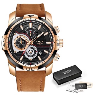 LIGE New Mens Watches Top Brand Luxury Leather Quartz Clock Male Sport Waterproof Fashion Gift Gold