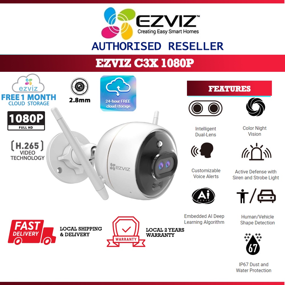 Ezviz C3X 1080P ฟรี 24HR การบันทึกข้อมูลบนคลาวด์ ไร้สาย สี Night Vision