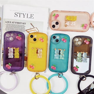 เคสโทรศัพท์มือถือ ทรงกลม ป้องกันเลนส์ ลายหมีเชอร์รี่ พร้อมสร้อยข้อมือ สีแคนดี้ สําหรับ OPPO A77s A57 2022 A76 A96 A54 A16 A16k A16e A15 A15s A95 A74 5G A53 A33 A52 A92