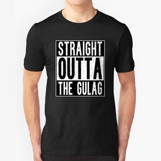 เสื้อยืดสีขาวผู้หญิง - เสื้อยืดผ้าฝ้ายตรง Outta The Gulag Streetwear ตลกเสื้อผ้าสีดําบุรุษสงครามสมั