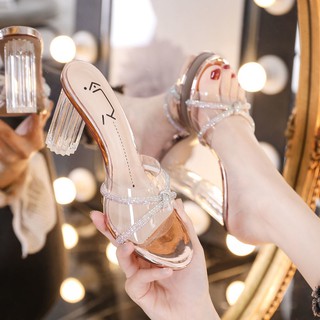 💥Hot Sale 👠 รองเท้าแตะคริสตัลใสสวมใส่ด้านนอกของผู้หญิง 2020 ใหม่แฟชั่นสุทธิสีแดงส้นสูงรองเท้าแตะ Rhinestone และรองเท้า