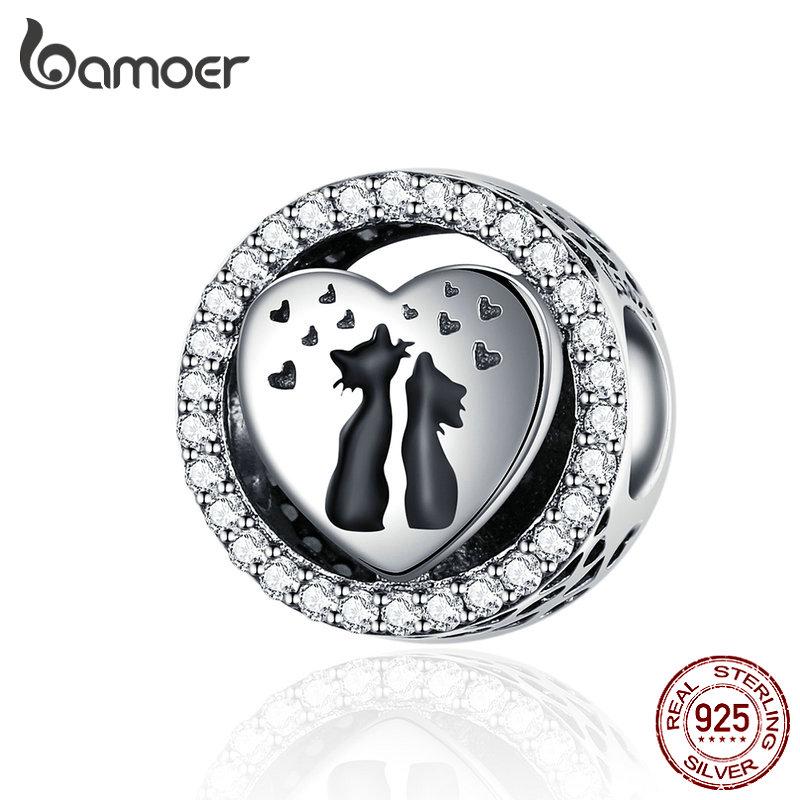 BAMOER 925 Sterling Silver Cat Couples Love Heart Shape Charm Bead fit for Original Bracelet