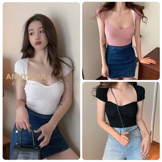 #พร้อมส่งจ้า#เสื้อยืดแขนสั้นคอเหลี่ยมฤดูร้อน ผ้ายืด สวมใส่สบาย สีทึบเซ็กซี่และบาง