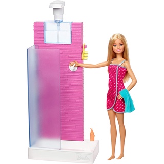 Barbie Doll and Furniture Set ‎FXG51 Bathroom with Working Shower and Three Bath Accessories ชุดตุ๊กตาบาร์บี้ และเฟอร์นิเจอร์ ‎Fxg51 ฝักบัวอาบน้ํา พร้อมฝักบัวอาบน้ํา และอุปกรณ์อาบน้ําสามชิ้น