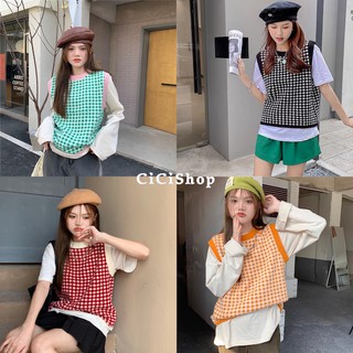 Cicishop(Z6612)เสื้อกั๊กไหมพรมคอวีทอลายข้าวหลามตัด เนื้อผ้าใส่สบาย สไตล์ฮิปสเตอร์ชิคๆ