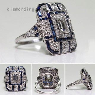 Women Men Antique Art Deco Silver Blue Sapphire & Diamond Ring Party Rings