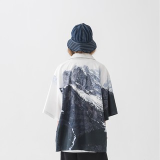 เสื้อเชิ้ตผู้ชาย☾⊙☫Harshandcruel ภูเขาหิมะพิมพ์เสื้อฮาวายผู้ชายฤดูร้อนบางแขนสั้นหลวม Ma Jiaqi วรรคเดียวกัน