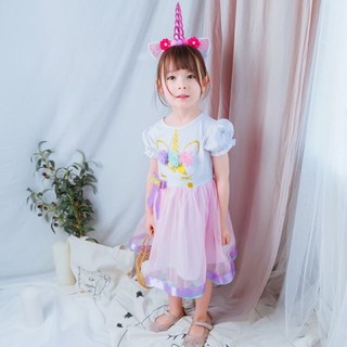 (พร้อมส่ง) ชุดเดรสยูนิคอร์น แขนตุ๊กตา สำหรับเด็กผู้หญิง ผ้านิ่ม ใส่สบาย