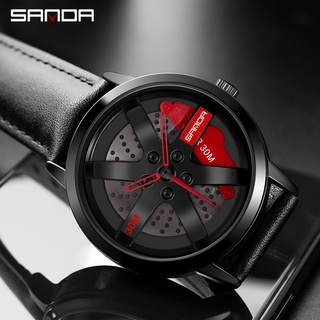 Sanda นาฬิกาข้อมือควอตซ์แฟชั่น สายหนัง หมุนได้ 3D กันน้ํา สําหรับบุรุษ