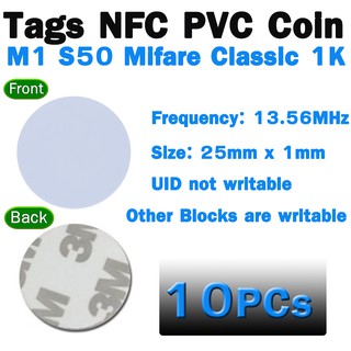 NFC แบบเหรียญ 25mm COIN (10PCs/LOT) New Dellon Stickers Smart FM1108(M1 S50) RFID 13.56Mhz 3M Tags NFC PVC Coin Cards