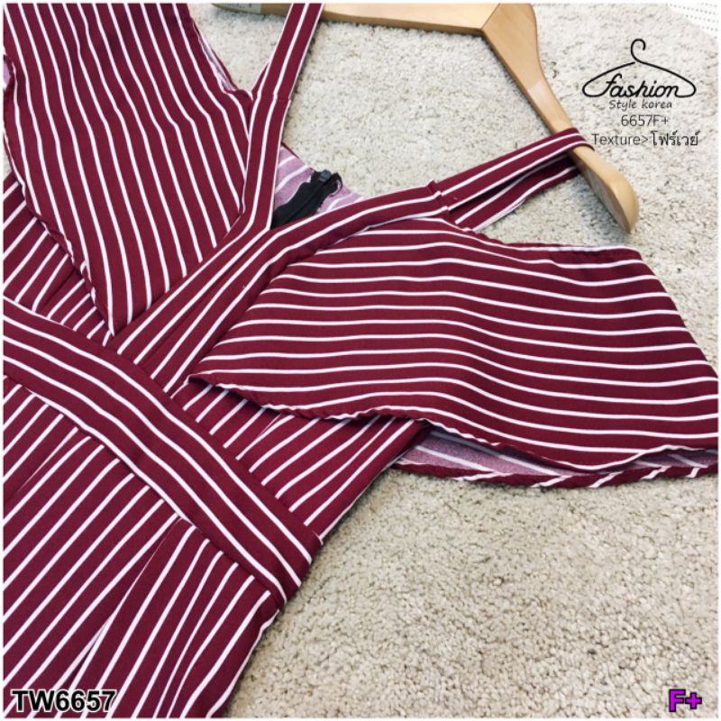 tw6657jumpsuit-จั้มสูทขายาวลายริ้ว-สายเดี่ยวทรงเว้าไหล่ขายาว-แต่งระบายปีกค้างคาว-เนื้อผ้าโฟร์เวย์ทั้งตัว-งานสวยมีซิปหลัง