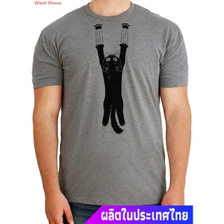 เสื้อยืดผ้าฝ้ายพิมพ์ลายผ้าฝ้าย 100%เสื้อยืดลำลอง Paw Addict Funny Cat Shirt Black Cute Kitty Laughing Game Cat T-Shirt U