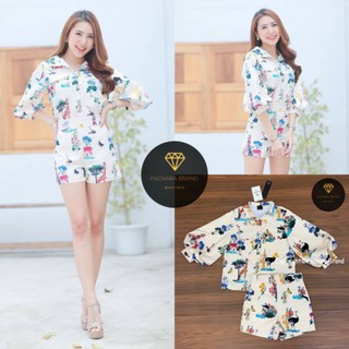 PACHARA BRAND : เซ็ต 2 ชิ้น เสื้อเชิ้ตปลายแขนพอง แมทช์คู่กับกางเกงขาสั้นเอวสูง