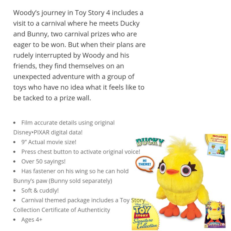 ลิขสิทธิ์-แท้-จาก-อเมริกา-thinkway-ducky-and-bunny-deluxe-talking-carnival-plush-toy-story-signature-collection