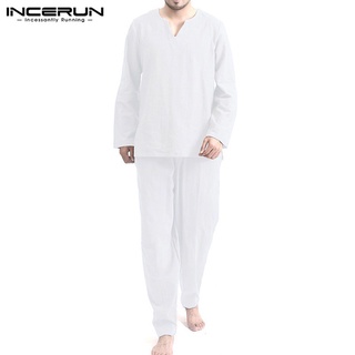 ภาพหน้าปกสินค้าINCERUN Men Casual Long Sleeve Solid Color Shirt+Long Pant Cotton Pajama Set ที่เกี่ยวข้อง