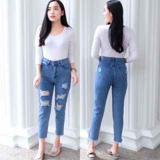 Cc jeans 175 S-XXL กางเกงยีนส์ เอวสูง ทรงบอย ปลายรุ่ย แต่งขาด