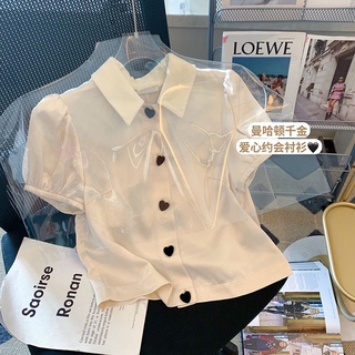 เสื้อเชิ้ตแขนสั้น แขนพัฟ แต่งกระดุม สไตล์เรโทร แฟชั่นฤดูร้อน สําหรับผู้หญิง