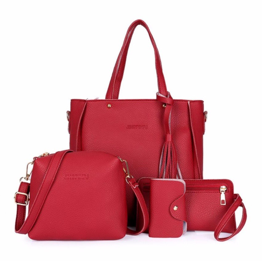 sale-กระเป๋าถือเซ็ต-กระเป๋าแฟชั่น-กระเป๋าผู้หญิง-4in1-หนังอย่างดี-สีแดง-ราคาส่ง