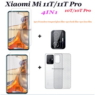 4IN1-For Xiaomi Mi 11T &amp; 11T Pro กระจกนิรภัยปกป้องหน้าจอพร้อมกระจกนิรภัยใส 2 ชิ้น Mi 11 lite /11 ultra /11 /10T/10T Pro/10T Lite 5G เลนส์ฟิล์มและฟิล์มด้านหลังคาร์บอนไฟเบอร์