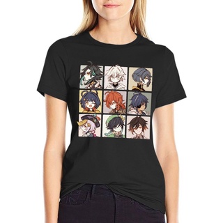 เกนชิน  Genshin Impact Characters Chibi Assemble T-Shirt Genshin Impact Women Simple 100 Cotton T Shirt Large Short-Slee