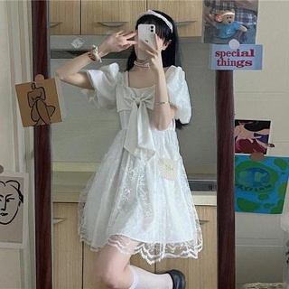 🔥Hot Sale /22427  2022 New Sweet French Mesh Piece gets Waist Slim Bow Knot Square Neck Short Sleeve Dress Women