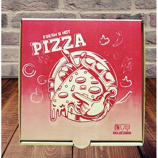 Pizza Box 8 inches กล่องพิซซ่า พิมพ์ลาย สีแดง  แพค 20ใบ ขนาด8นิ้ว ขนาดกล่อง 8 x 8 x 1.75 นิ้ว กล่องแพคอาหาร