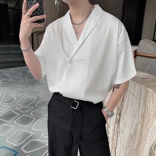 เสื้อเชิ้ตแขนสั้น คอปก ผ้าเดรป สีขาว สไตล์เกาหลี ระดับไฮเอนด์ แฟชั่นฤดูร้อน สําหรับผู้ชาย
