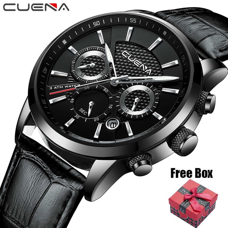 cuena-นาฬิกาข้อมือควอทซ์สายหนังกันน้ำสำหรับผู้ชาย-6805