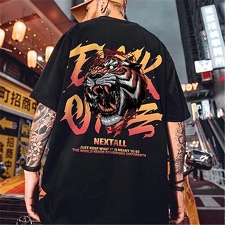 เสื้อยืดแขนสั้นลําลอง ทรงหลวม ขนาดใหญ่ ลายหัวเสือ แฟชั่นคู่รัก สไตล์จีนเรโทร สําหรับผู้ชาย และผู้หญิง