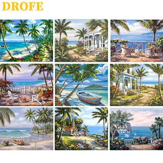 Drofe 【ขนาด: 50X40 ซม.】 ภาพระบายสีตามตัวเลข DIY ลายวิวทะเลและชายหาด แบบภาพวาดดิจิทัล สำหรับตกแต่งผนังบ้าน