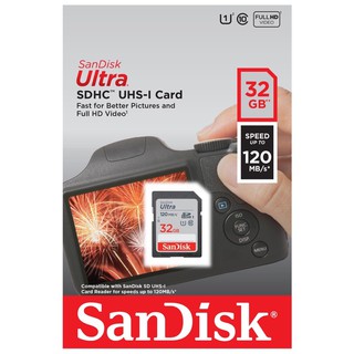 สินค้า Sandisk SD 32GB Ultra Class10 ความเร็ว 90 , 120MB/s รับประกัน 10 ปี รุ่น SDSDUN4_032G_GN6IN