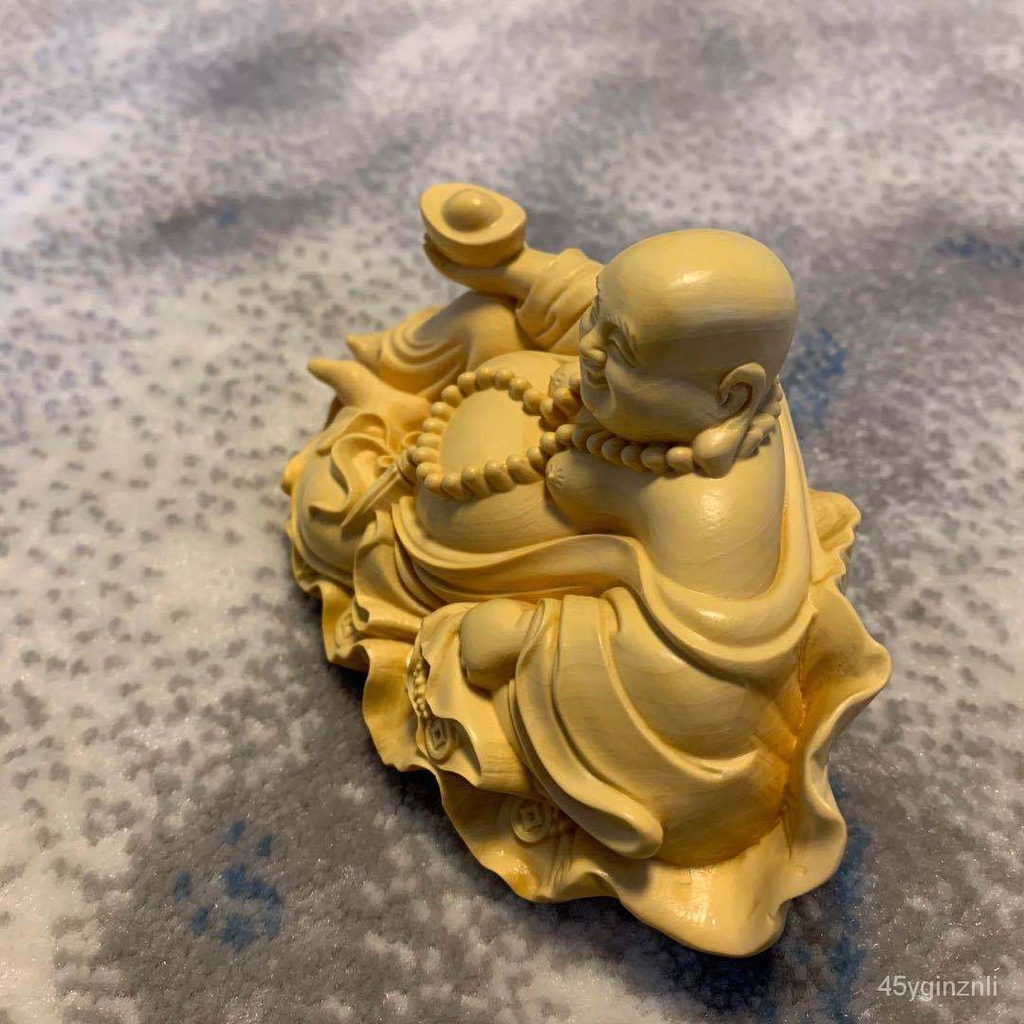 ไม้ป็อปลาร์แกะสลักใบบัว-yuanbao-laughing-buddha-maitreya-buddha-buddha-craft-jewelry-wenwan-home-car-decoration-k712