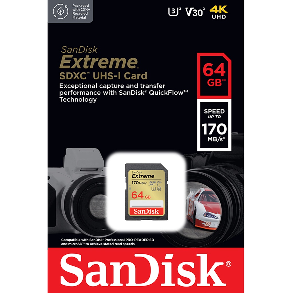ข้อมูลเพิ่มเติมของ SanDisk Extreme SD Card SDXC 64GB Speed 170MB/s เขียน 80MB/s (SDSDXV2-064G-GNCIN-1) เมมโมรี่ การ์ด SDCARD แซนดิส ประกัน Lifetime Synnex