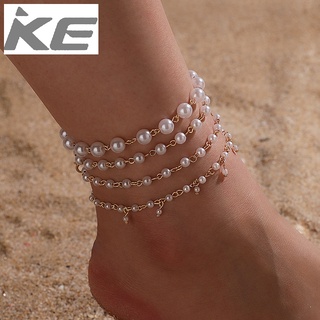 Simple foot accessories Pearl beaded multi-anklet Geometric chain four-anklet for girls for wo