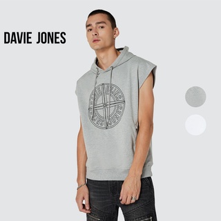 DAVIE JONES เสื้อฮู้ด แขนกุด สีเทา สีขาว  Pullover Hoodie in Grey White PU0007TD WH