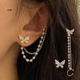 1 Pair Korean Elegant Rhinestone Butterfly Stud Earrings/ INS Style Alloy Long Chains Fake Piercing Ear Clip/ Daily Trend Jewellery Accessory