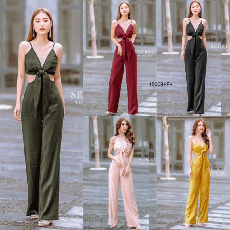 tw15009-jumpsuit-จั้มสูทสายเดี่ยว-อกผูกโบว์สายเดี่ยวผูกแบบไขว้ด้านหลัง-เอวสม็อคหลัง-มีซิปหลัง-งานผ้าซ่าร่า-พร้อมส่ง