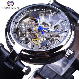 Forsining Fashion Silver Movement Skeleton Watches Blue Luminous Hands Leather Mens Mechanical Wristwatch Waterproof Ma