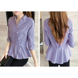 FB.เสื้อเชื๊ตคอจีนแฟชั่นลายตรงกระดุมเฉียงชายเสื้อระบาย รหัส 1843-สีน้ำเงิน
