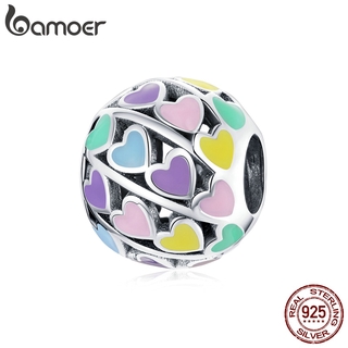 bamoer 925 Real Silver Jewelry Rainbow Heart to Heart Charm Colorful Pendant Bead for Original Bracelet DIY  SCC1758